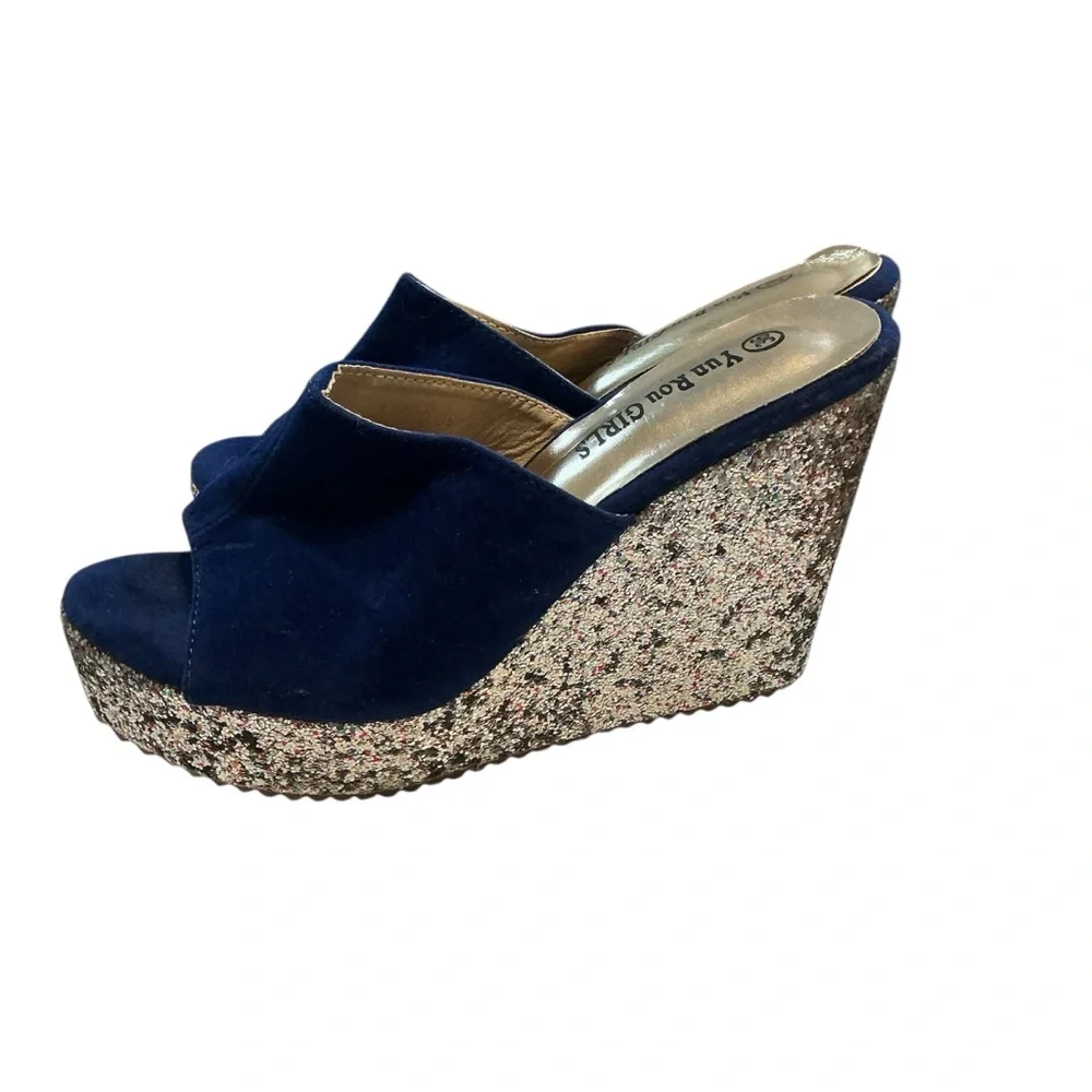 YRU Blue Silver Sequin Platform Wedges Y2K Party Glam Retro Size 36/ US 5.5-6